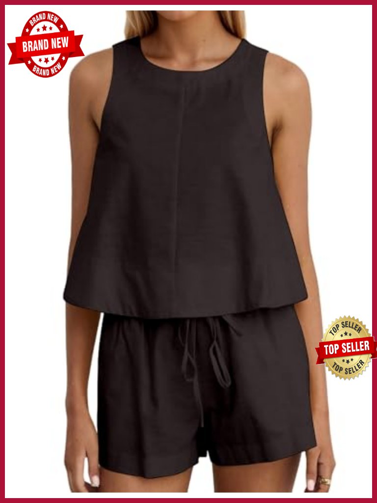 Linen Cotton 2 Piece Lounge Set Round Neck Peplum Top High Waist Shorts Summer